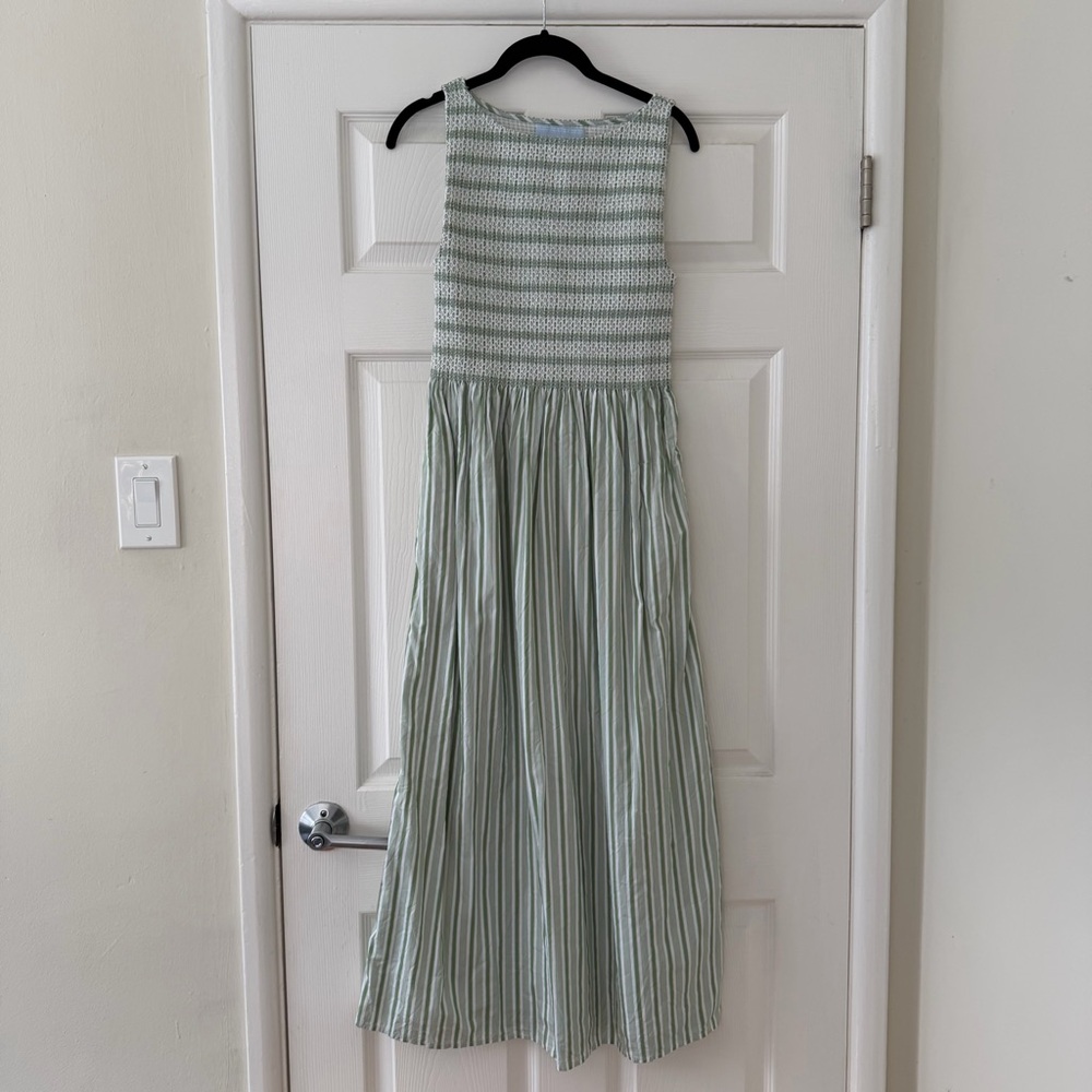 Smocked Bodice Midi Dress in Mint Stripe - Picture 2 of 6